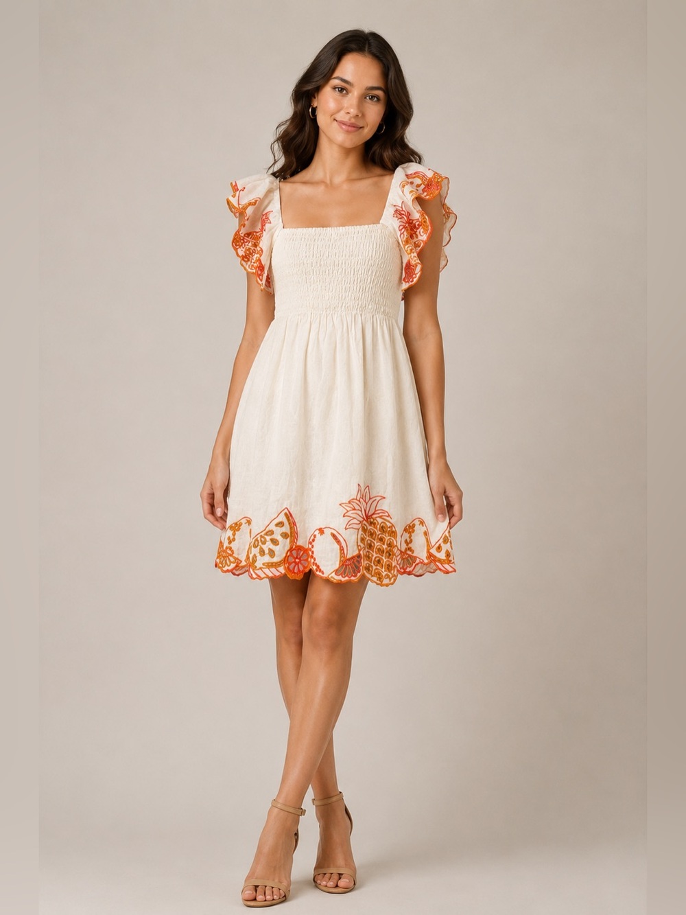 Anthropologie White Smocked Cotton Sundress with Orange Eyelet Embroidery Accent
